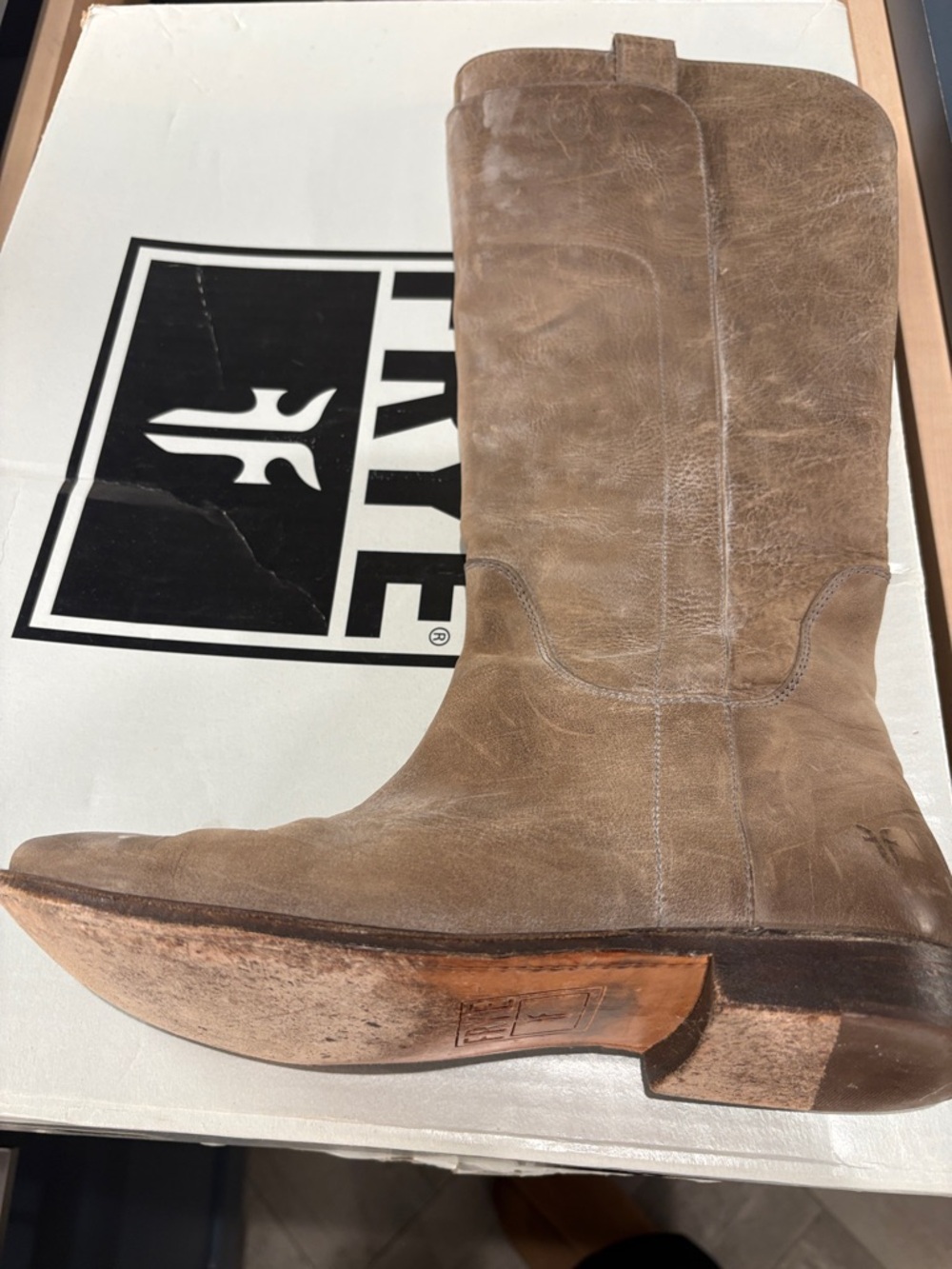 Frye Tan Distressed Leather Cowboy Boot - Pull-On Western Style
